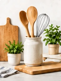 Wooden kitchen spoons and a whisk beside a cutting board and potted herbs.