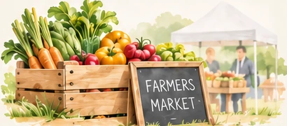 An illustrated farmers market stall with crates of fresh vegetables.