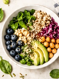 A colorful bowl with greens, grains, chickpeas, avocado, and blueberries.