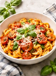 A bowl of pasta with tomatoes, basil, and grated cheese.