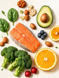 An arrangement of salmon, avocado, citrus, vegetables, nuts, and berries.