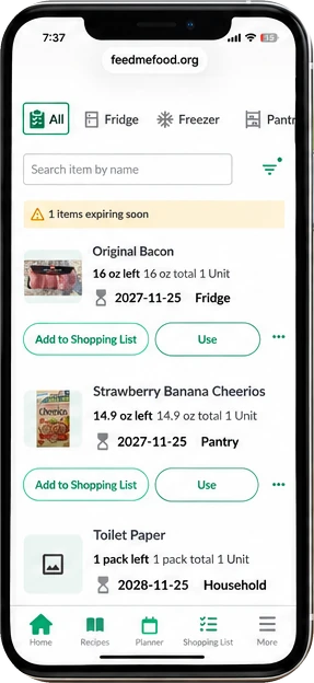 Pantry inventory with quantities, storage locations and Add to Shopping List buttons