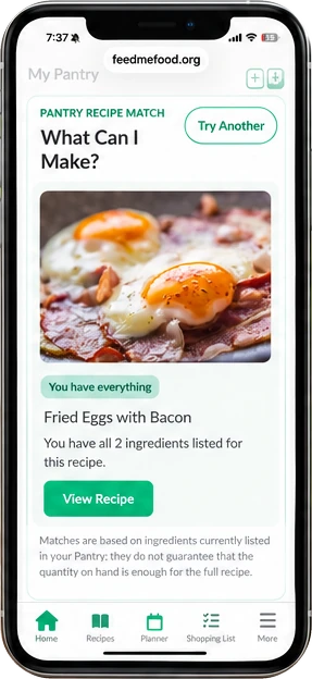 Pantry Recipe Match showing Fried Eggs with Bacon and ingredients available