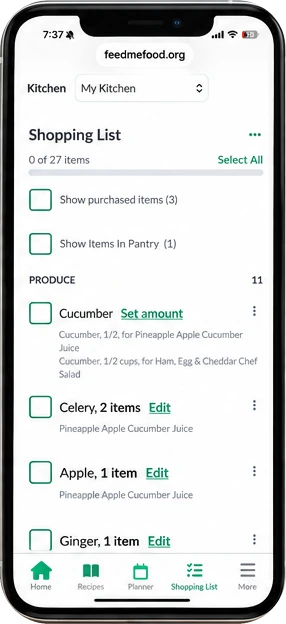 Shopping List with quantities, Pantry filters and checkboxes