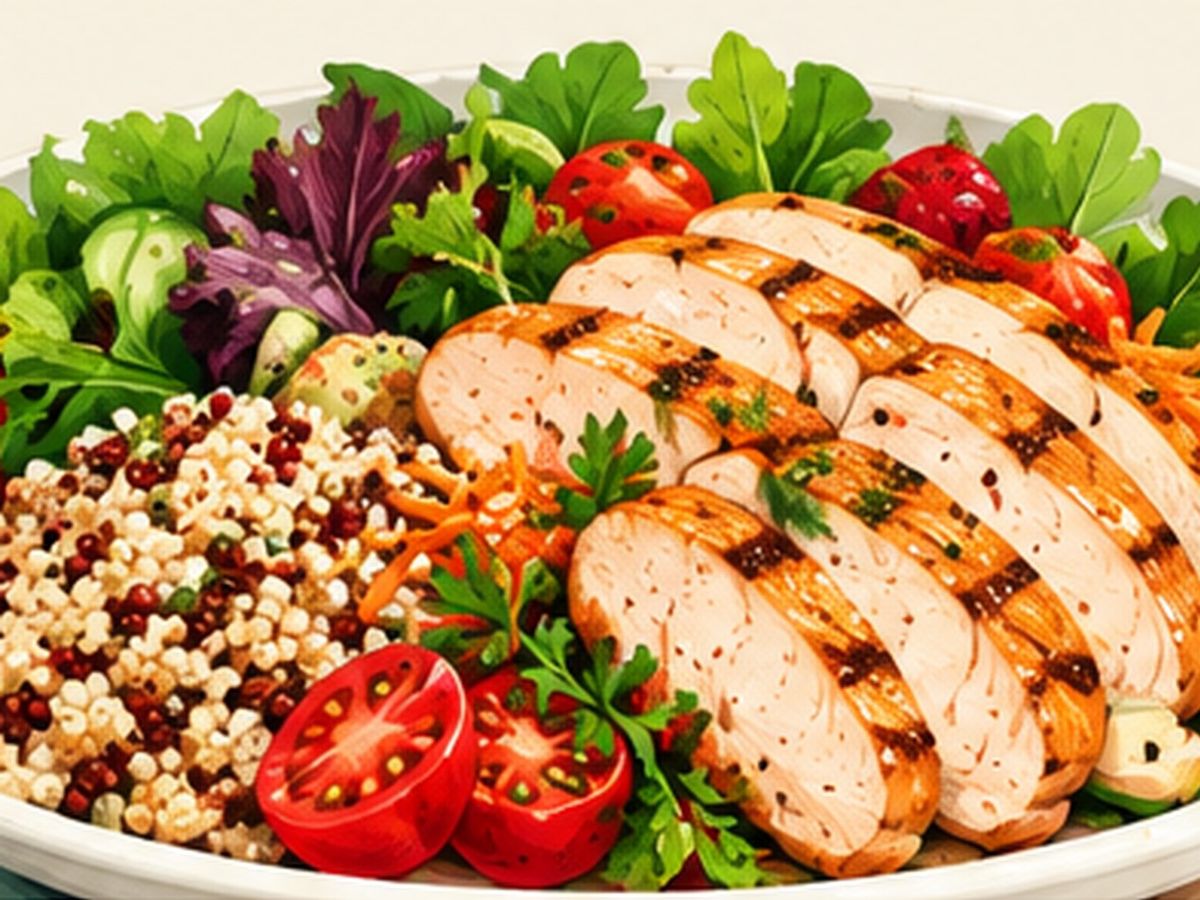 Chicken, greens, and grain bowl illustration