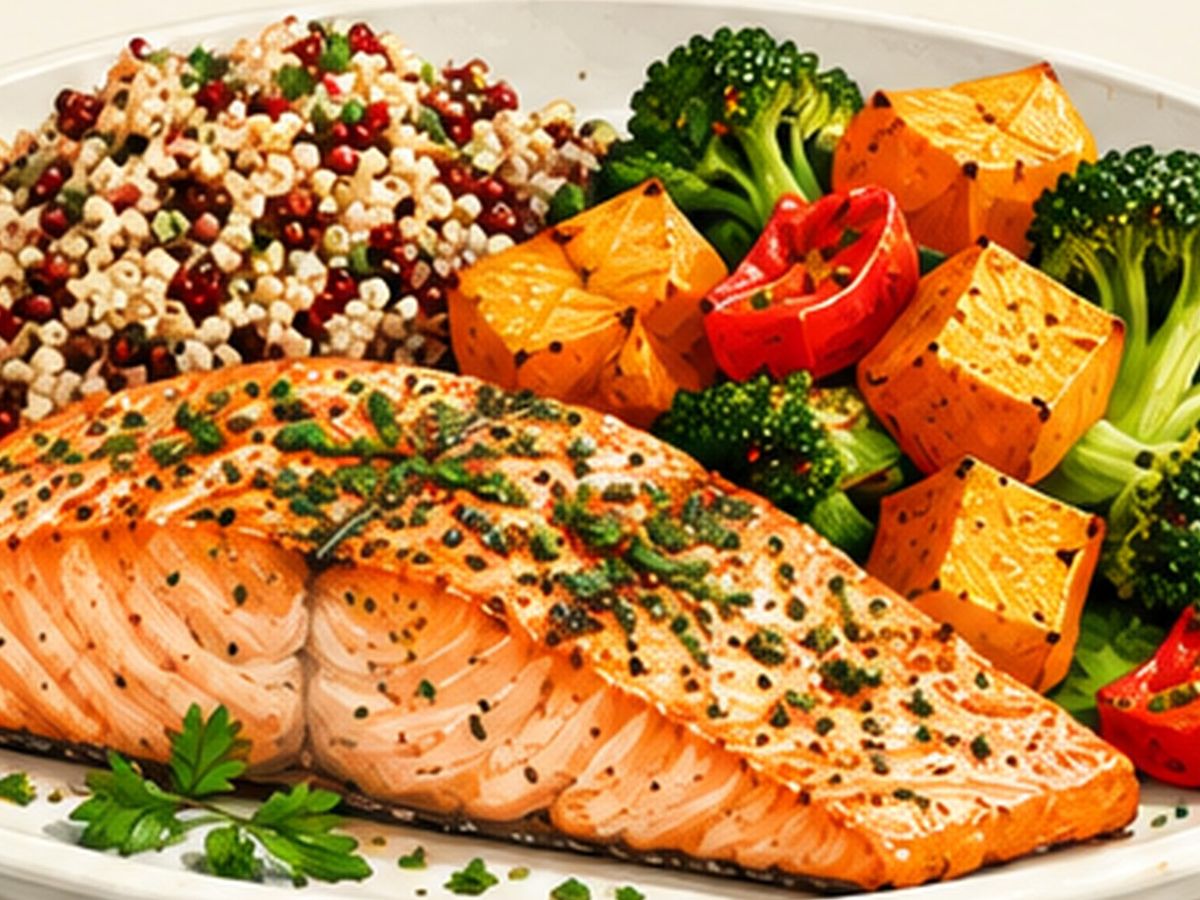 Salmon with broccoli and potatoes illustration