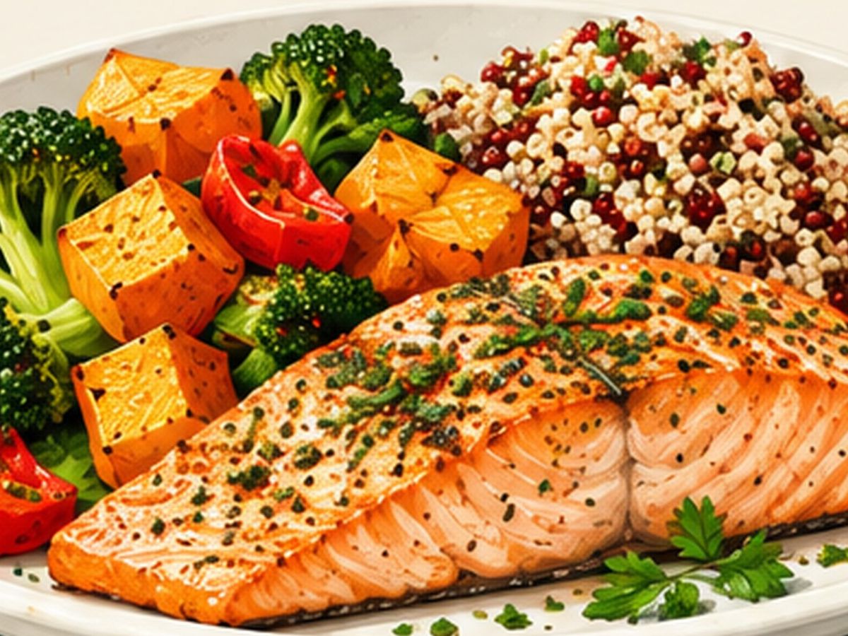 Baked salmon with roasted vegetables illustration