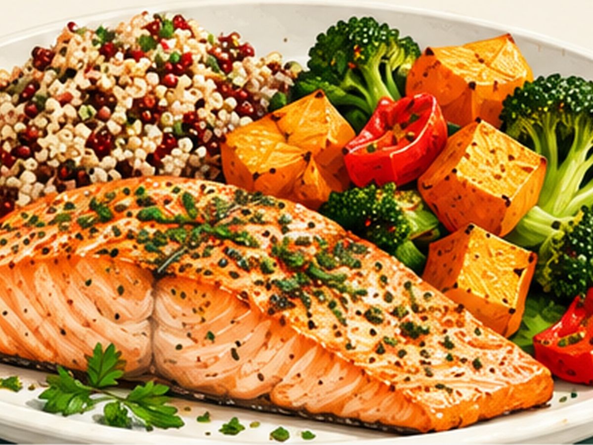 Salmon with roasted vegetables and quinoa illustration