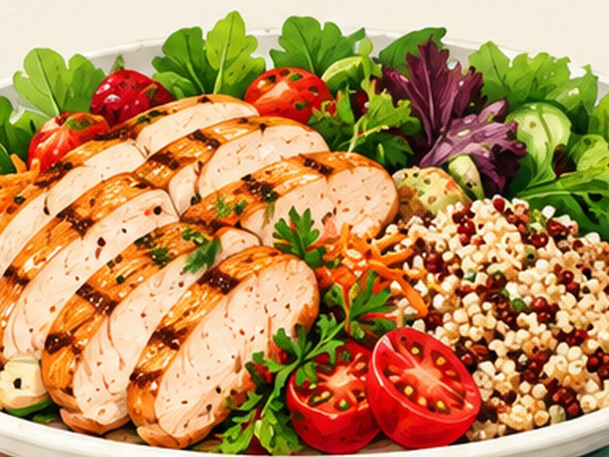 Chicken and cooked vegetable bowl illustration