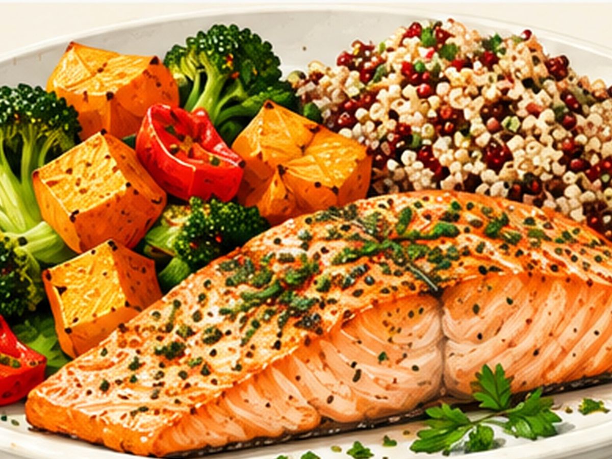 Salmon, potatoes, and cooked greens illustration