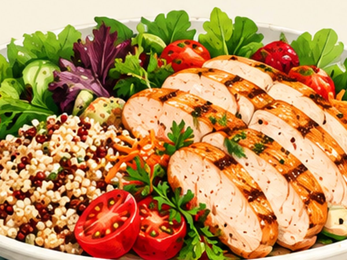 Chicken, grain, and vegetable bowl illustration
