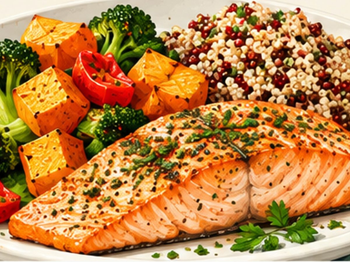 Salmon with roasted vegetables illustration