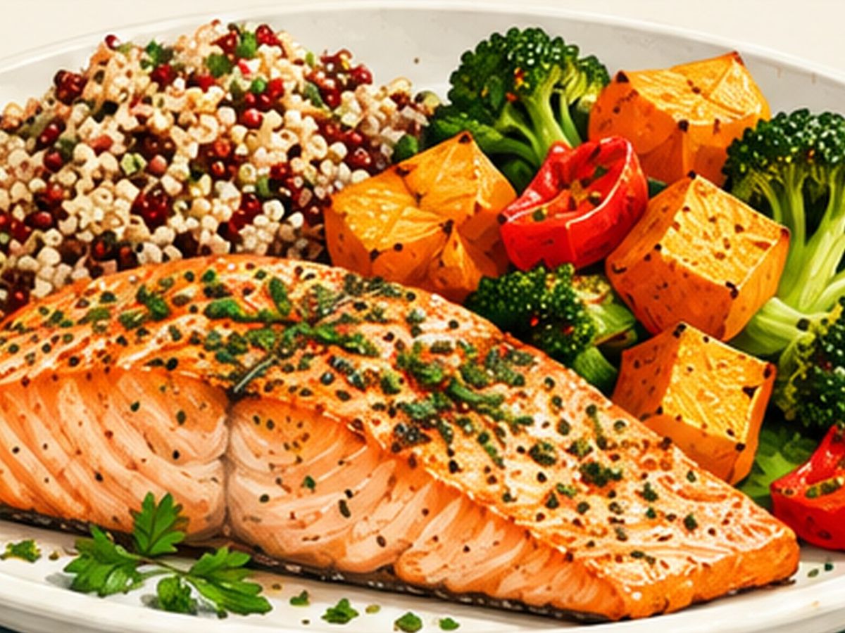 Baked salmon with roasted vegetables illustration