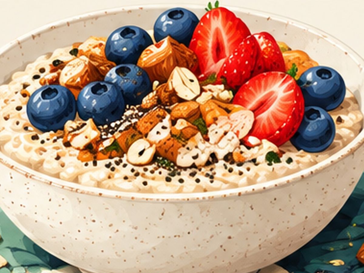 Oats with berries and unsalted nuts illustration