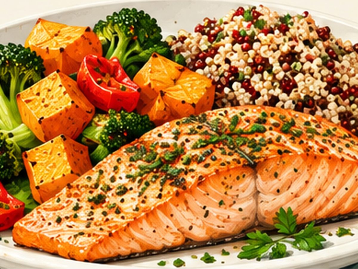 Salmon with vegetables and brown rice illustration