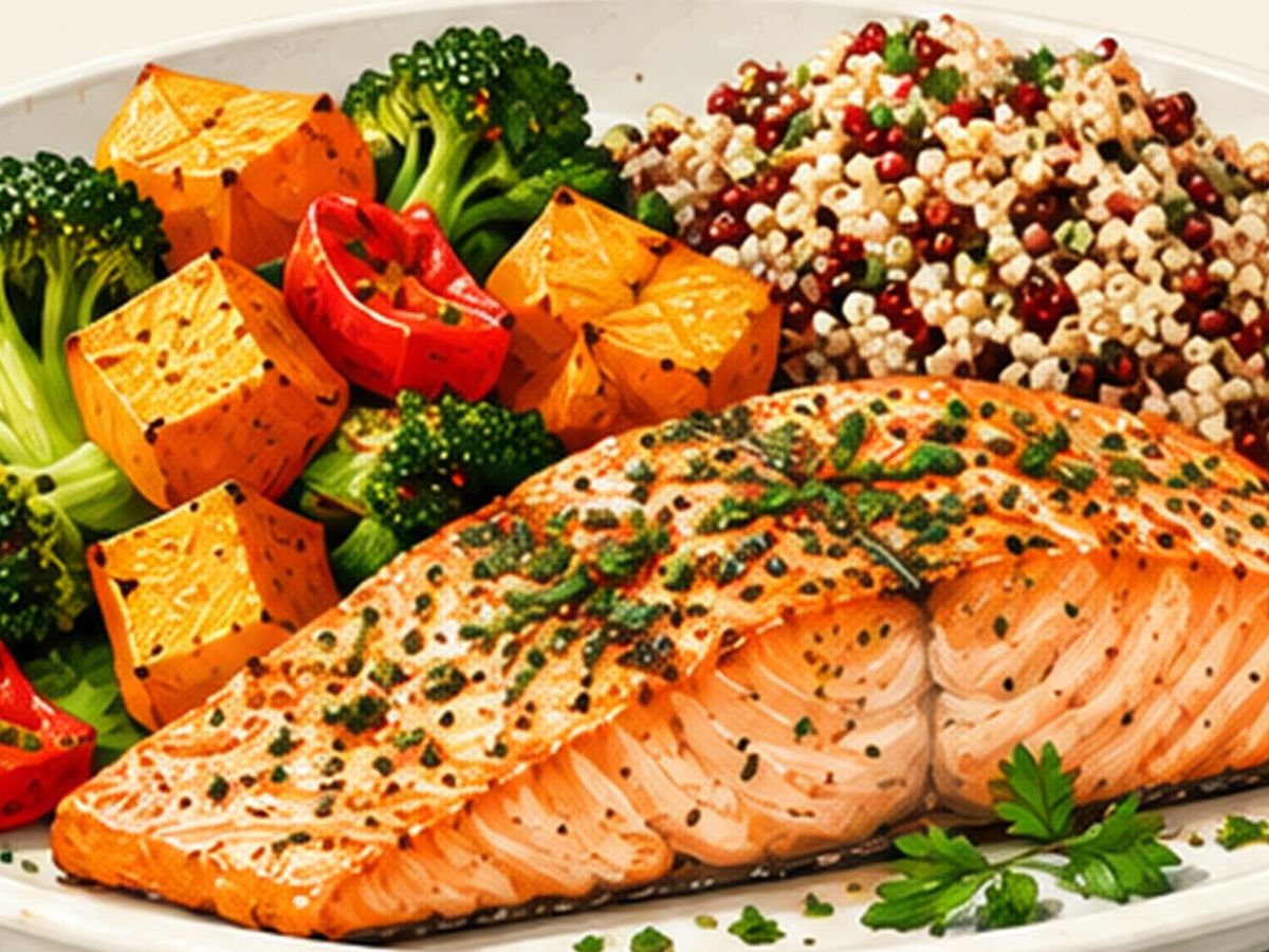 Salmon with vegetables & potatoes illustration