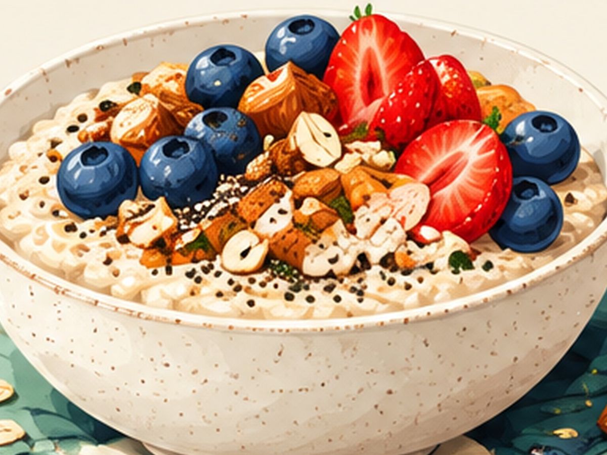 Oatmeal with berries, nuts & seeds illustration