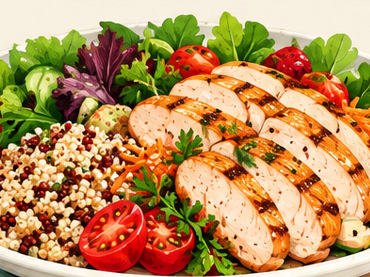 Chicken, vegetables & whole grain illustration