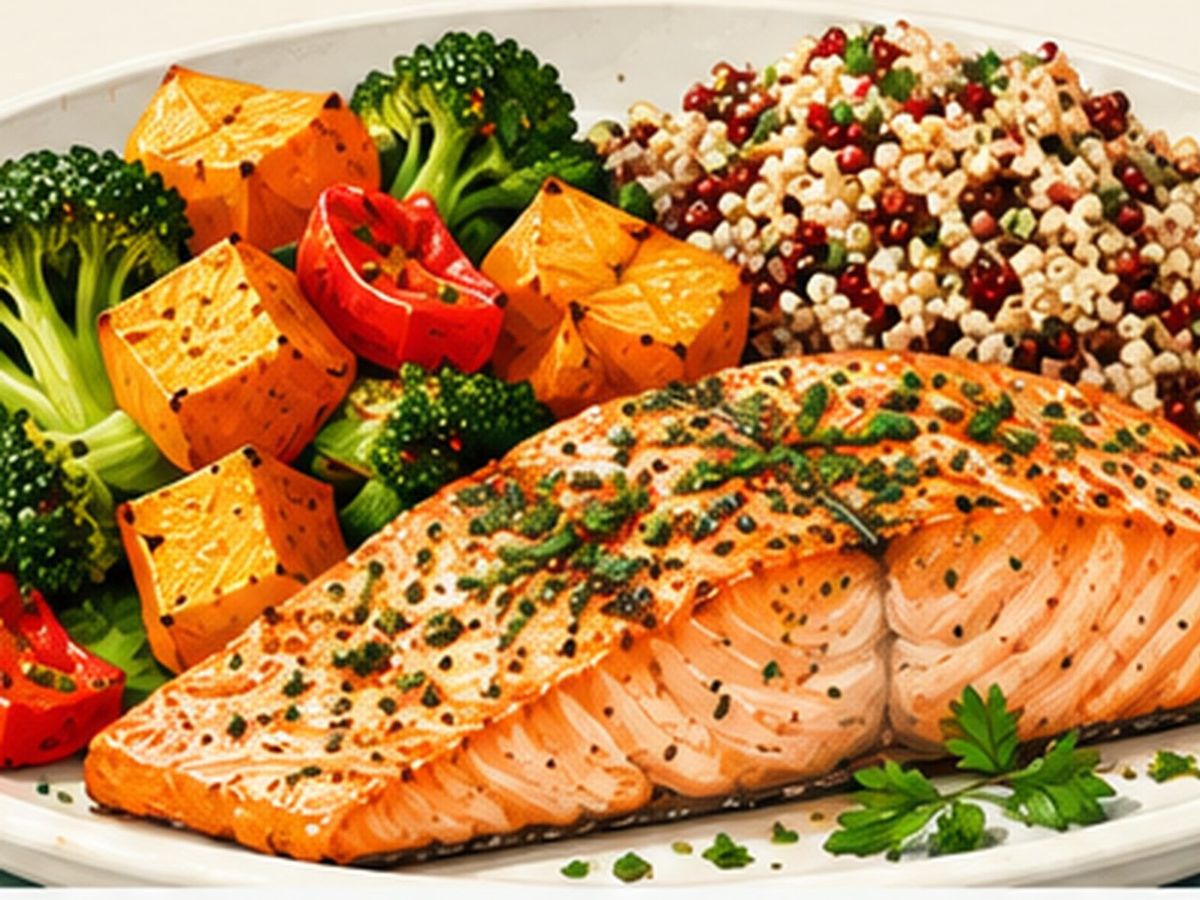 Salmon, greens & roasted vegetables illustration