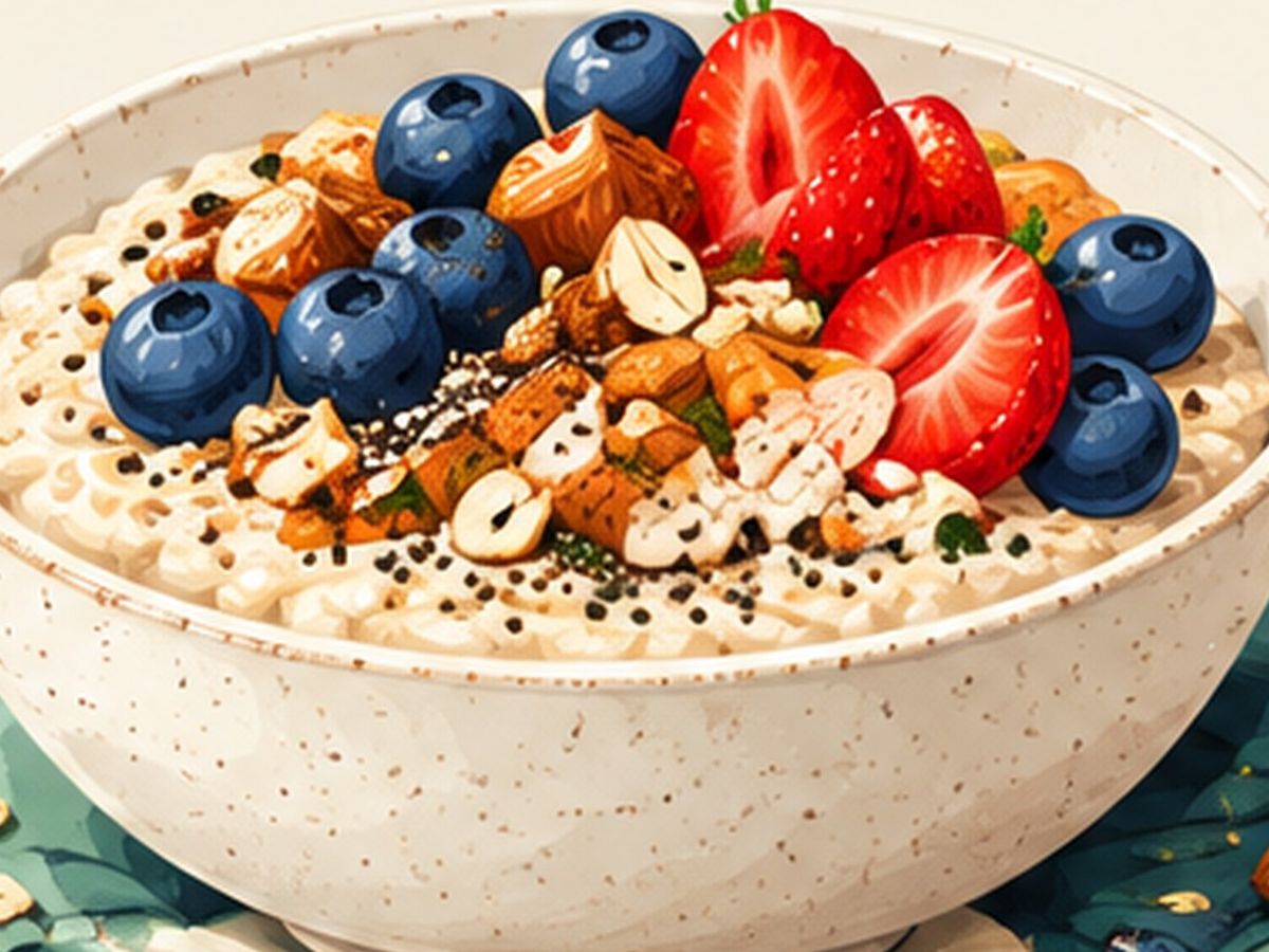 Oats with berries and yogurt or nuts illustration