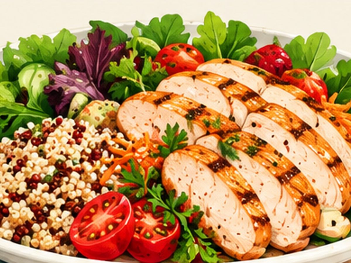 Chicken and vegetable grain bowl illustration