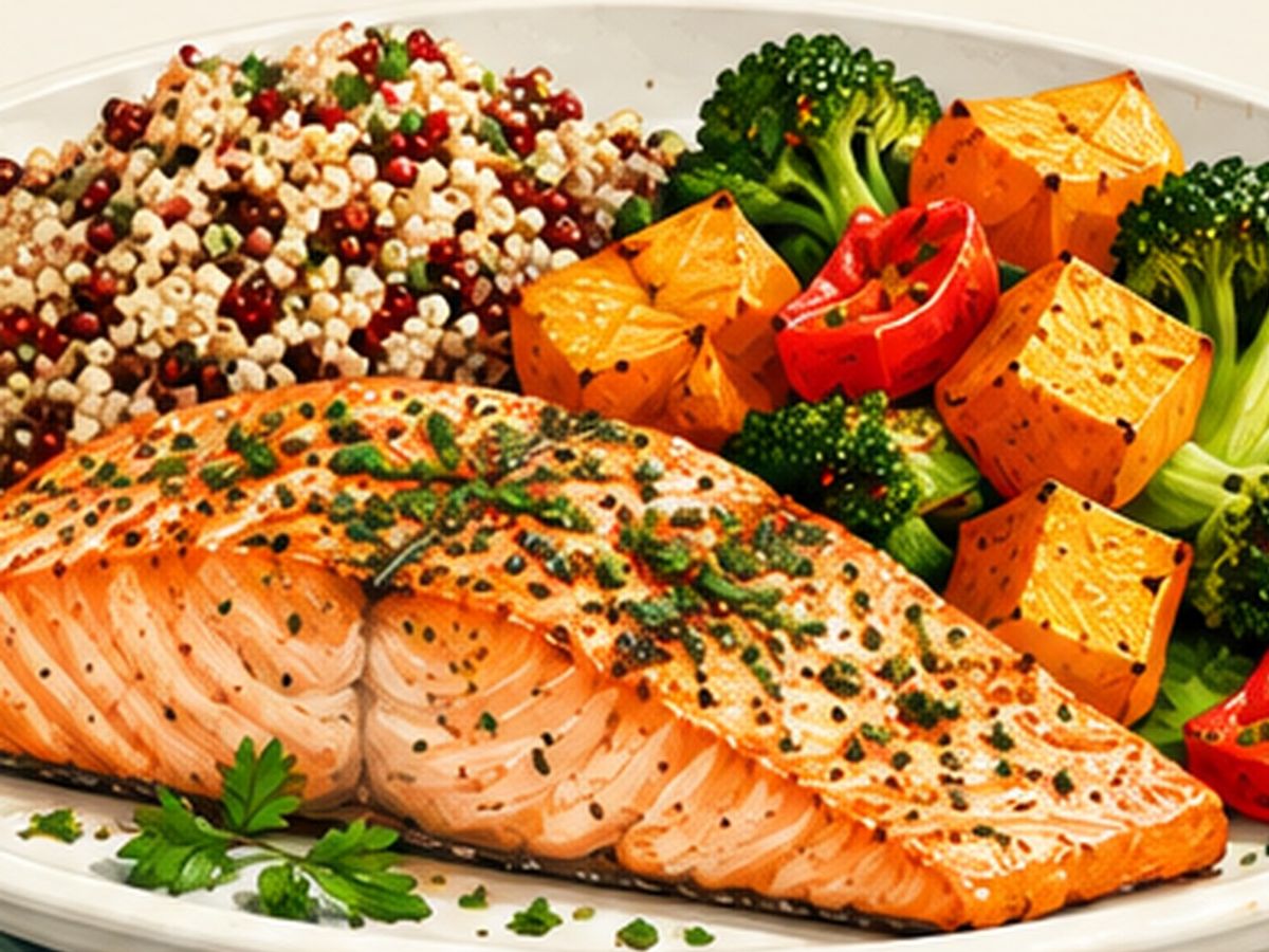 Salmon with vegetables and potatoes illustration