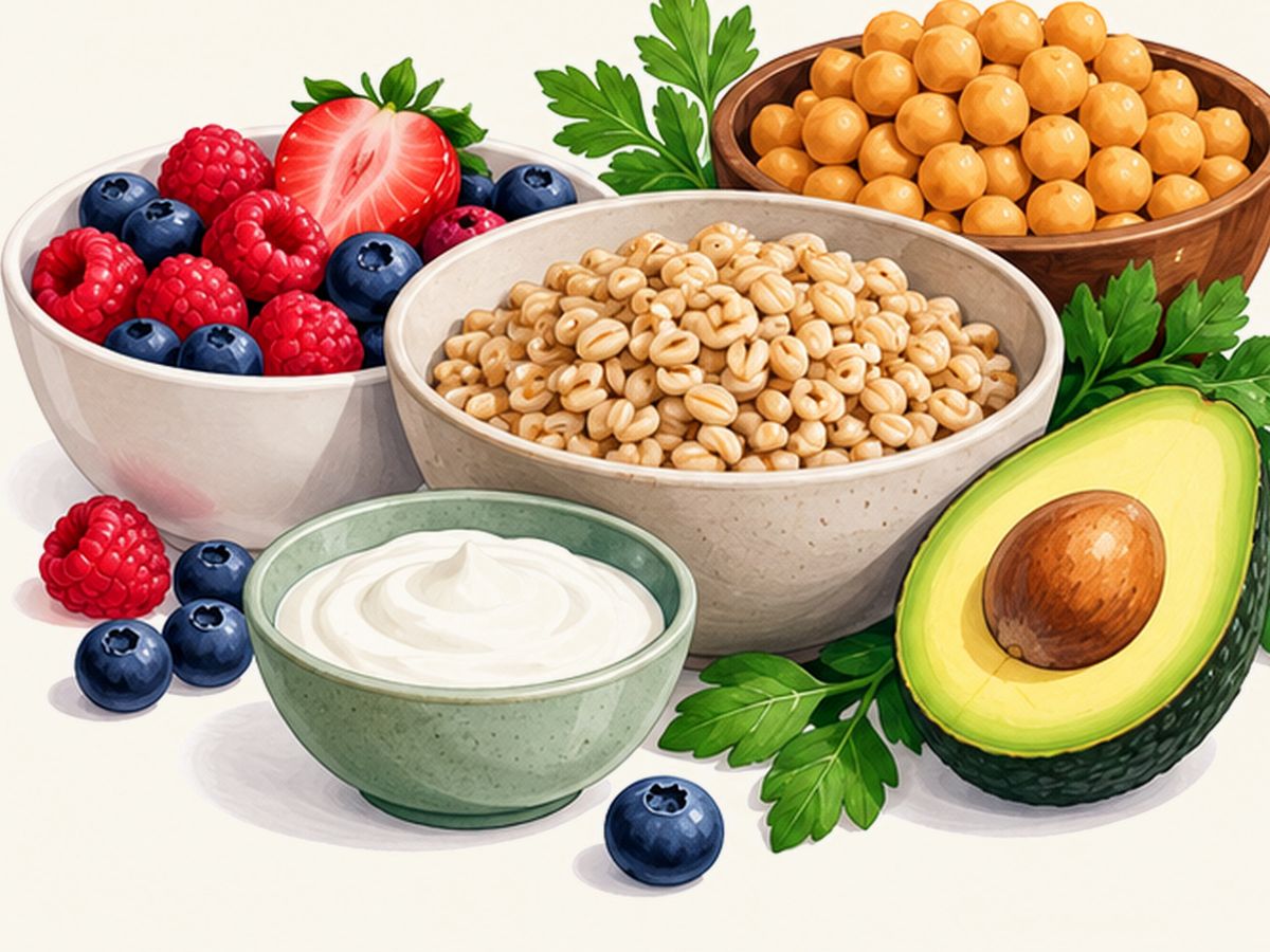 Yogurt, berries, oats & seeds illustration