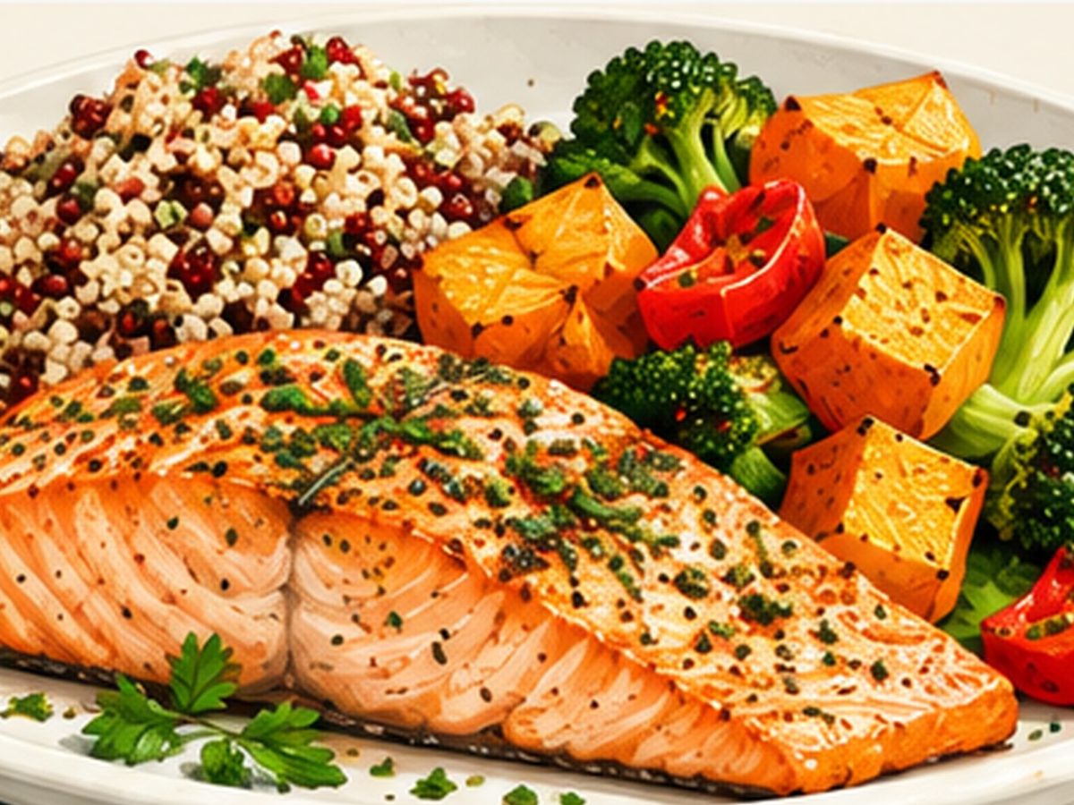 Salmon, vegetables & whole grain illustration