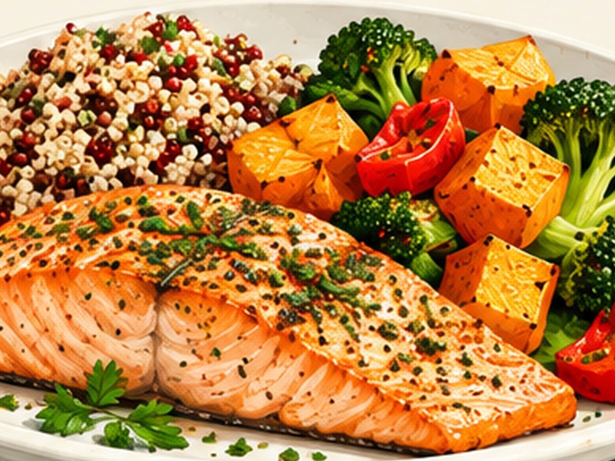 Salmon with quinoa and roasted vegetables illustration