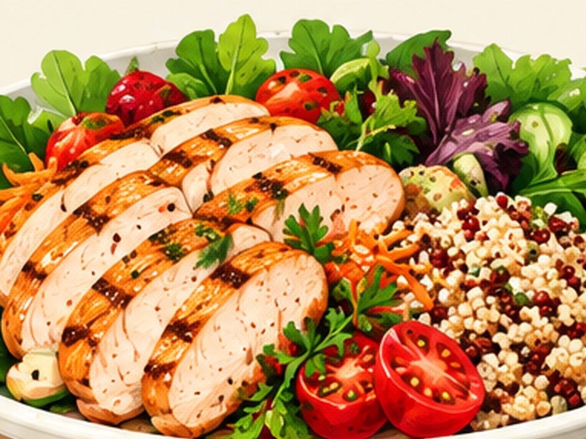 Chicken and vegetable grain bowl illustration