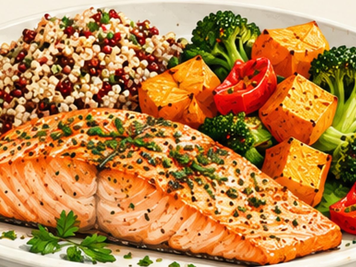 Salmon with roasted vegetables illustration