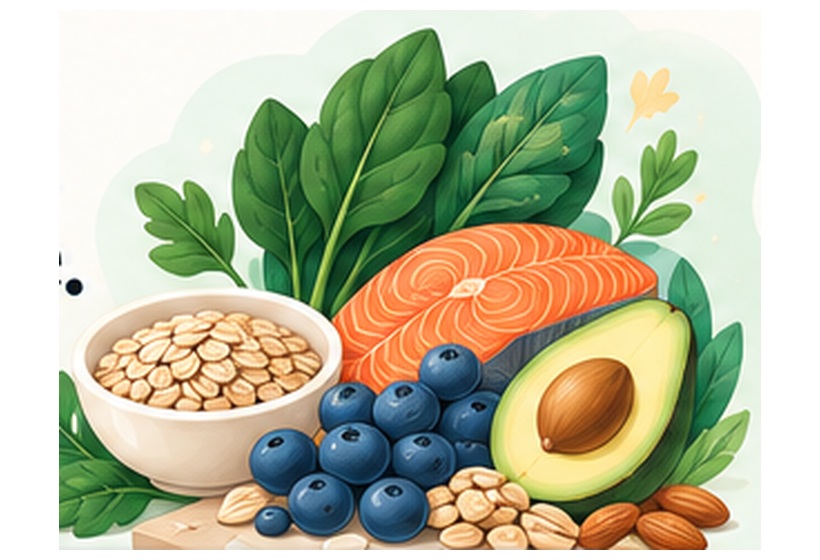 Illustrated foods including leafy greens, salmon, berries, avocado, grains, nuts and seeds