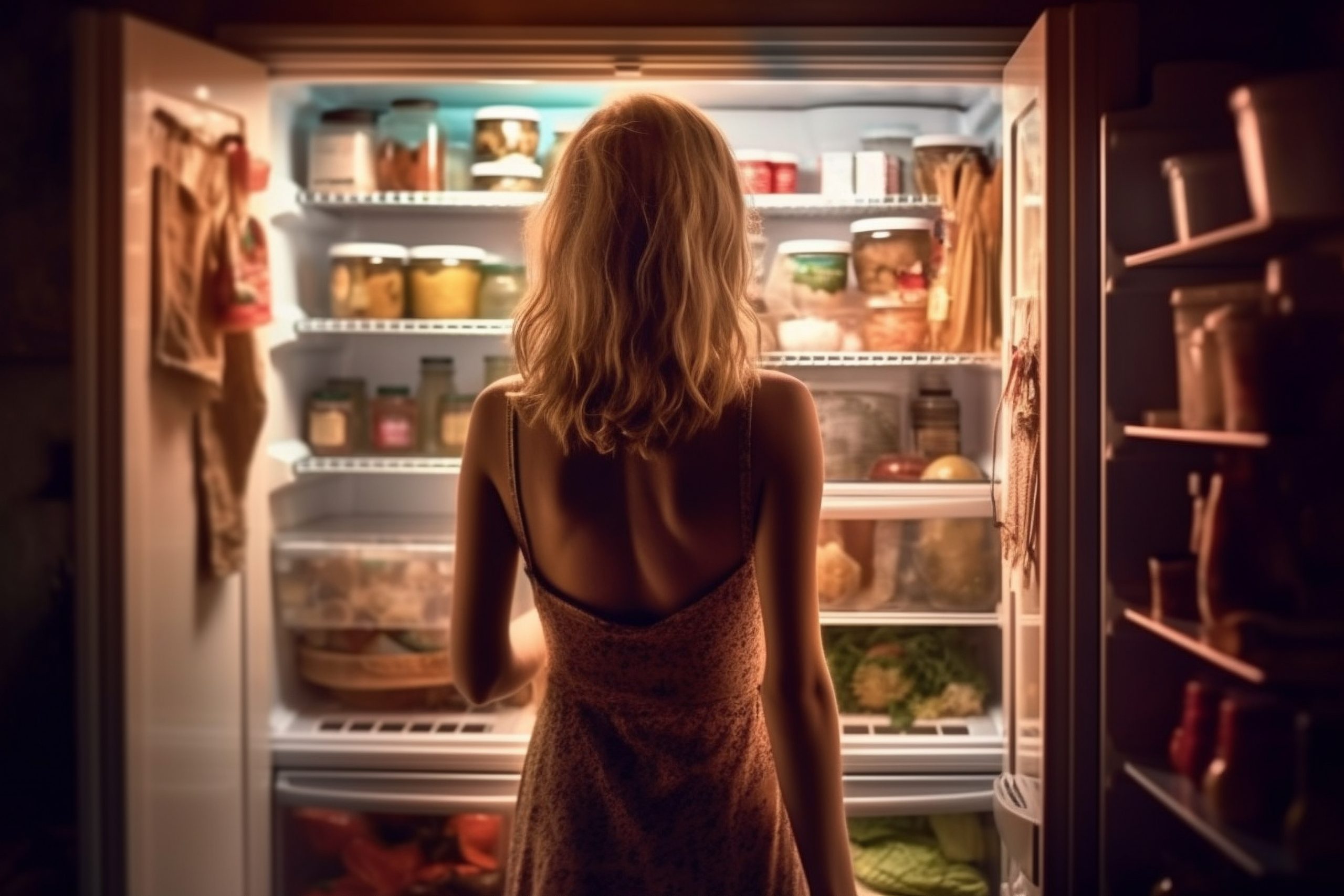 Person standing in front of an open refrigerator, wondering what to eat