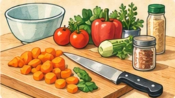 Vintage illustration of a cutting board, knife, vegetables and measuring ingredients.