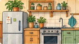 Vintage illustration of a compact kitchen with a refrigerator, sink, stove and shelves.