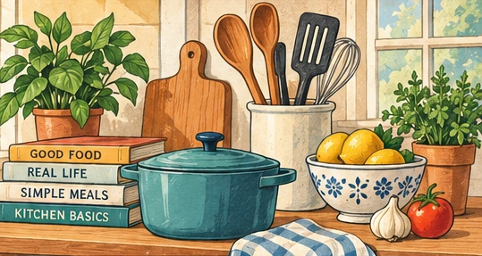 Vintage illustration of a cooking pot, kitchen books, utensils and produce on a counter.