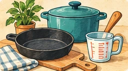 Vintage illustration of a saucepan, skillet, cutting board and measuring jug.