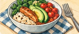 Vintage illustration of a simple bowl meal and eating utensils.