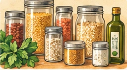 Vintage illustration of a small collection of pantry foods.