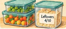 Vintage illustration of labeled containers of prepared food.